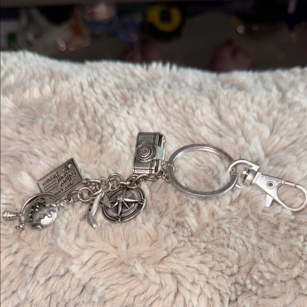 Silver Charm Keychain with Camera and Globe
